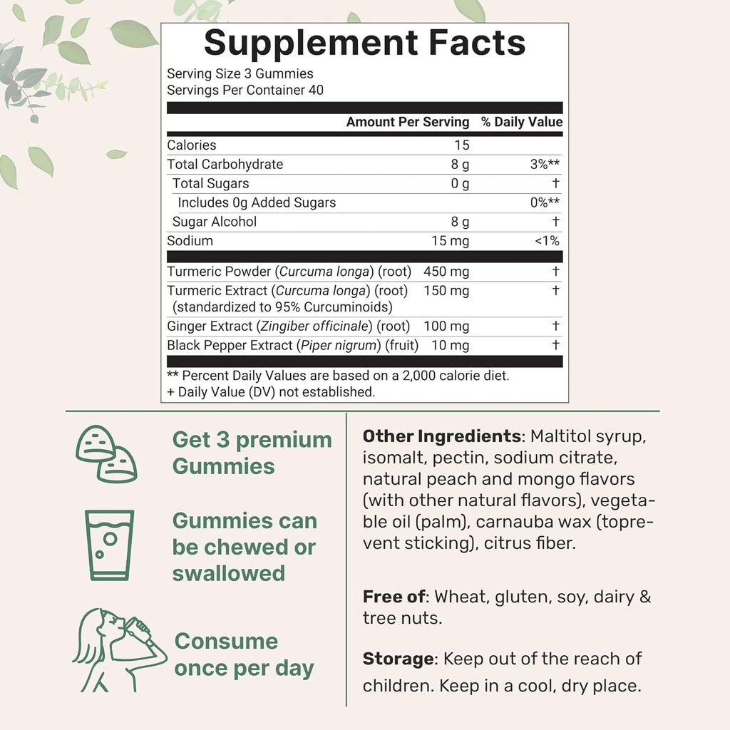 Turmeric Ginger Gummies, 120 Count | Sugar Free Peach Mango Flavored | Extra Strength Curcumin with Black Pepper for Enhanced Absorption | Non-GMO