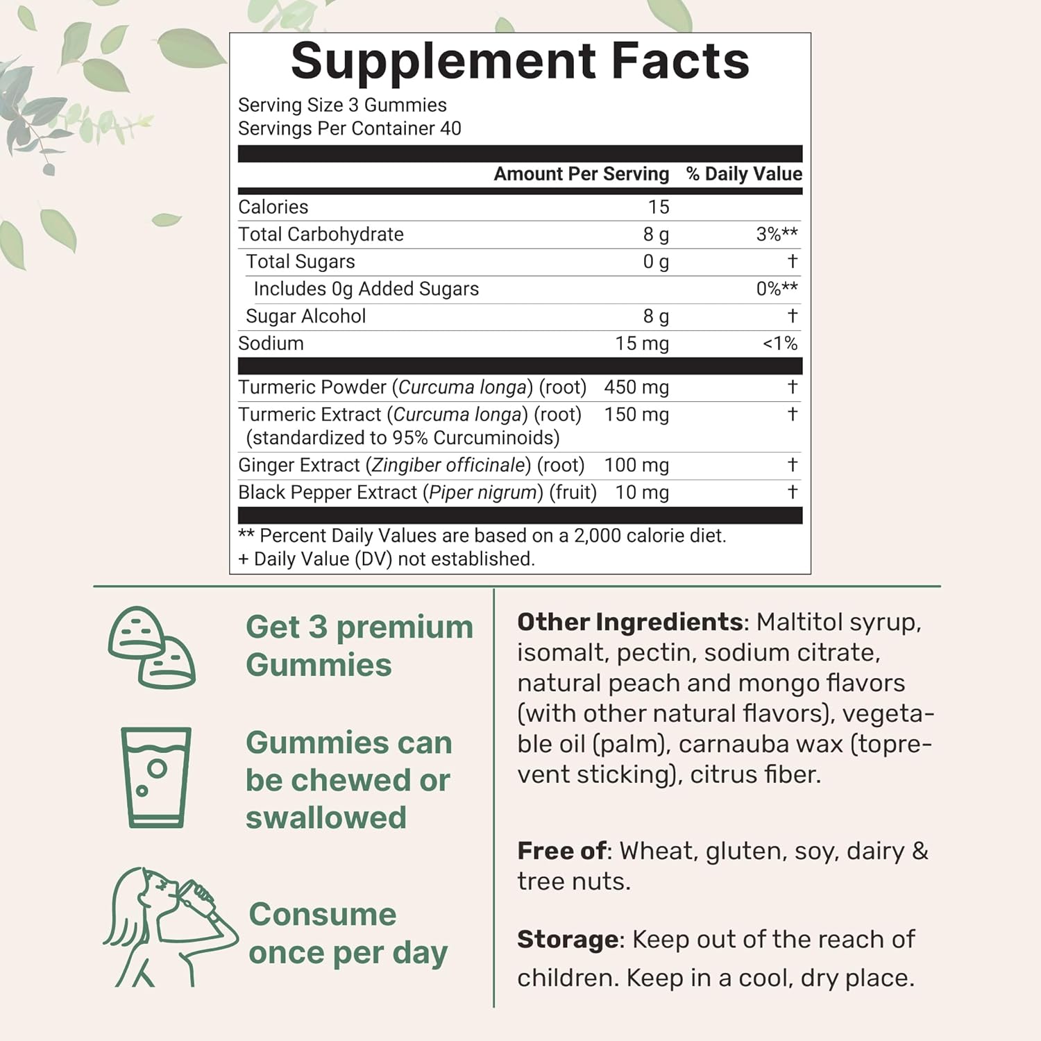 Turmeric Ginger Gummies, 120 Count | Sugar Free Peach Mango Flavored | Extra Strength Curcumin with Black Pepper for Enhanced Absorption | Non-GMO