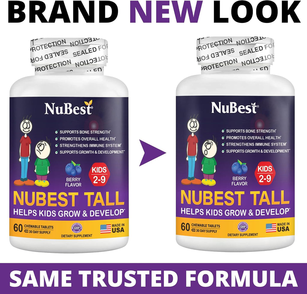 NuBest Tall Kids for Age 2 to 9 - Bone Strength, Brain Growth, Immunity with Calcium, Multivitamins & Minerals - 60 Chewable Berry Tablets | 3 Pack