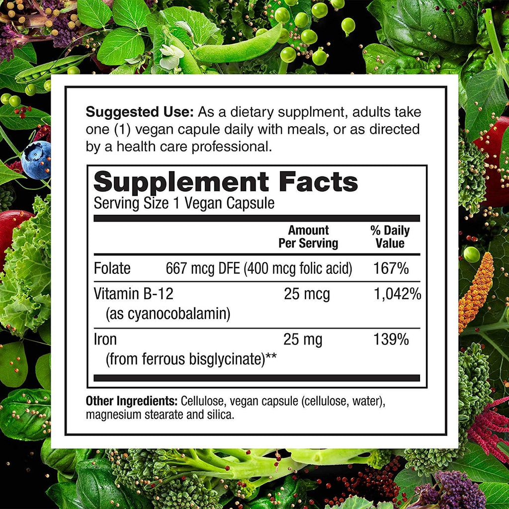 PlantFusion Vegan Iron Supplements from, Premium Plant Based Iron Supplements for Women and Men (25mg), Plus Folate & B12, 90 Veggie Capsules