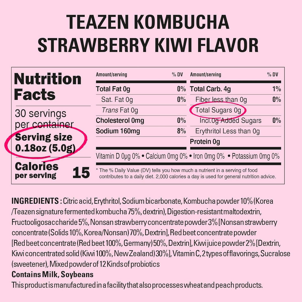 TEAZEN Strawberry Kiwi Kombucha Tea, Hydration Drink Mix, Sugar Free, Live Probiotics & Prebiotics, 30 Sticks, 5.29oz