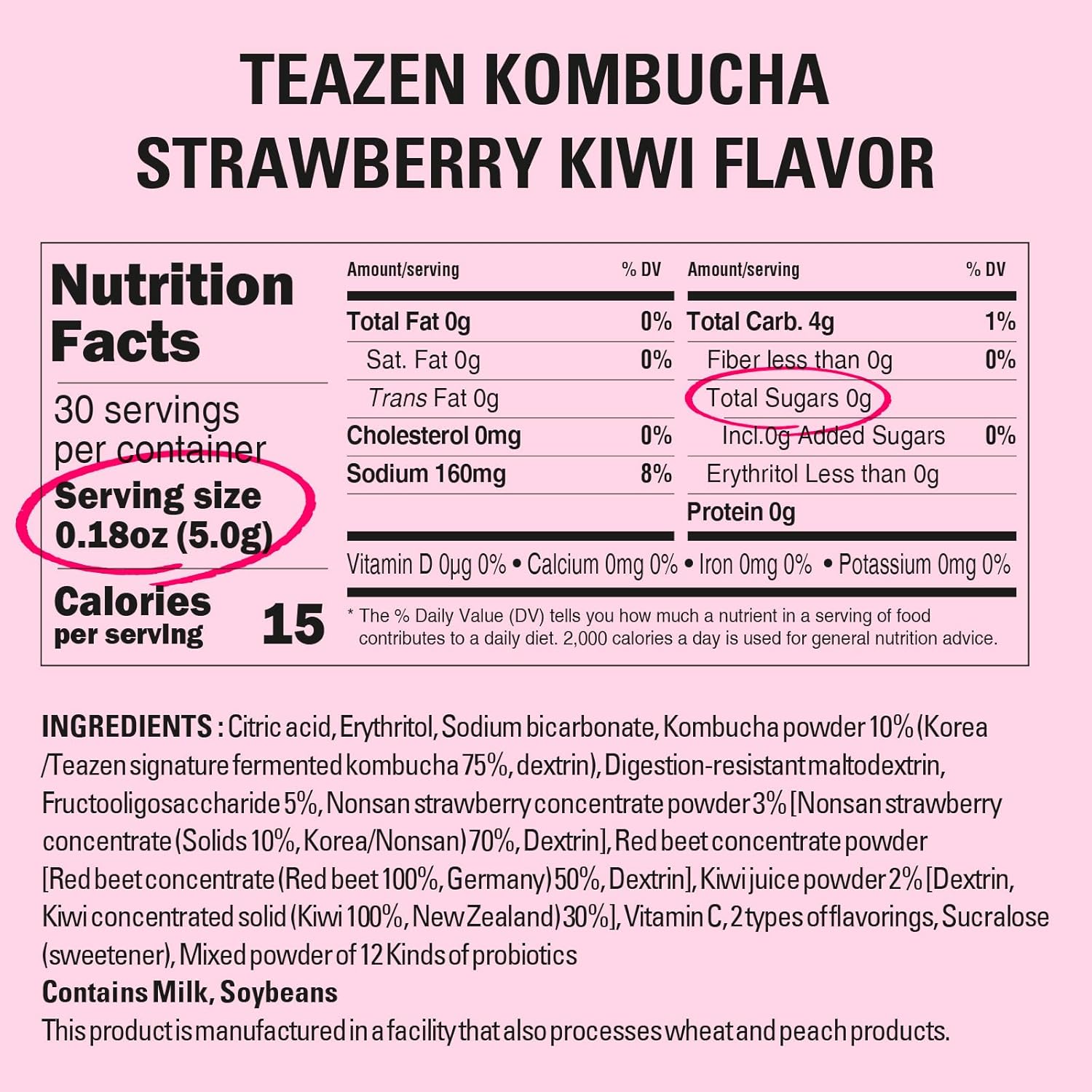 TEAZEN Strawberry Kiwi Kombucha Tea, Hydration Drink Mix, Sugar Free, Live Probiotics & Prebiotics, 30 Sticks, 5.29oz