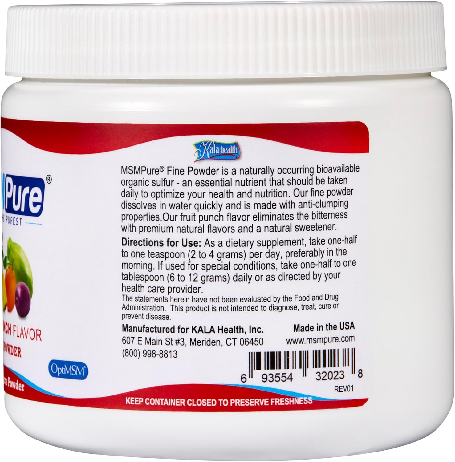 KALA HEALTH MSMPure Fast Dissolving Fruit Punch Flavored Fine MSM Powder Crystals – US-Made MSM for Joint Health, Skin Appearance, and Hair & Nail Support – 8.8 oz, Organic Sulfur