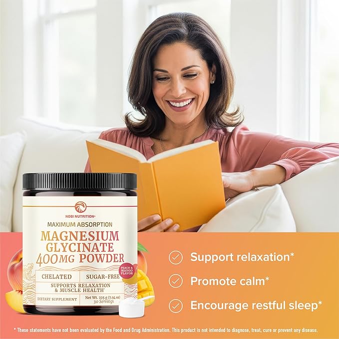 Magnesium Glycinate Powder 400MG | Sleep & Relaxation Support | Peach Mango Flavor, Sugar-Free | High Absorption Chelated Magnesium Powder | Vegan, Gluten-Free, Non-GMO | 30 Servings | 225g (7.94oz)