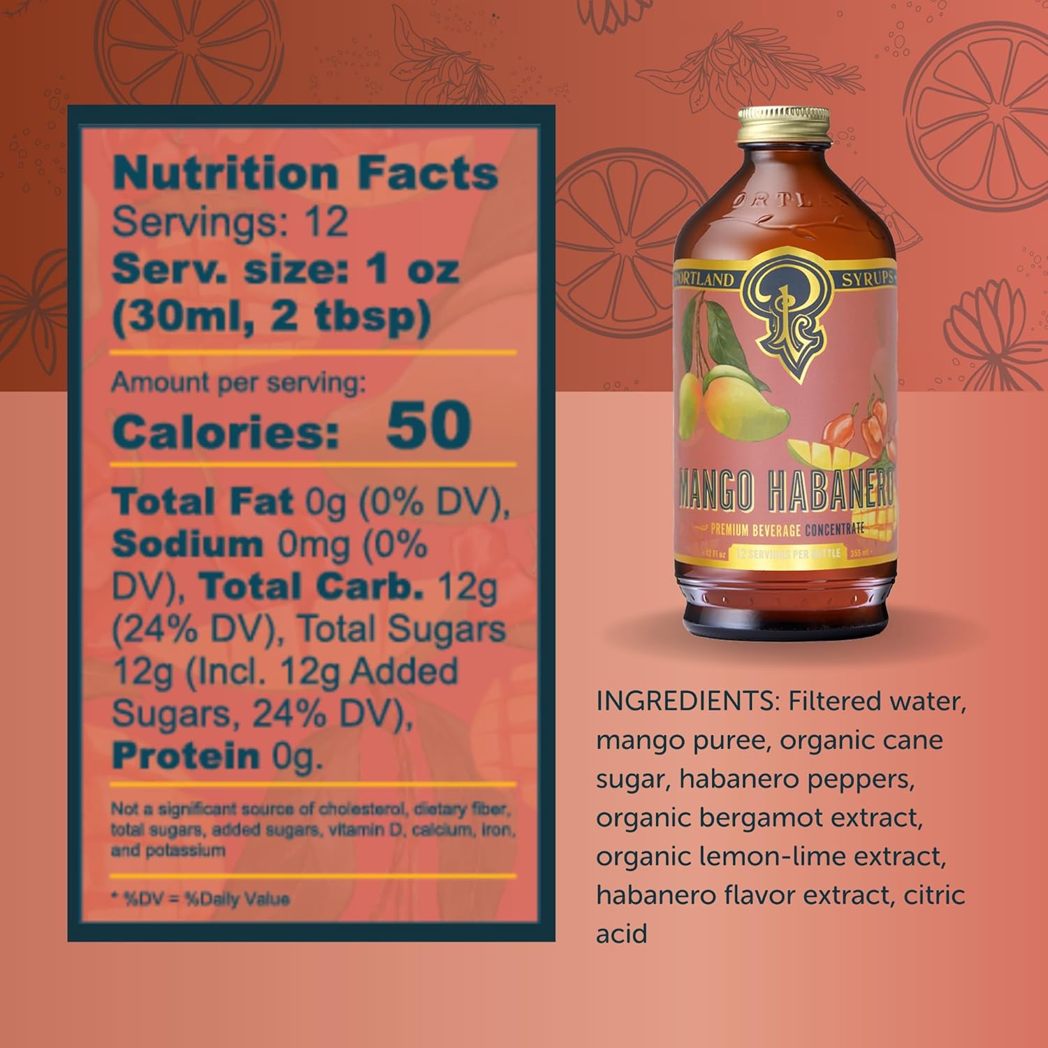 Portland Syrups Mango Habanero Syrup - Bold Mango Flavor with a Fiery Habanero Kick - Premium Beverage Concentrate for Cocktails, Mocktails, Tea, and More - 12 oz with 12 Servings (Pack of 1)