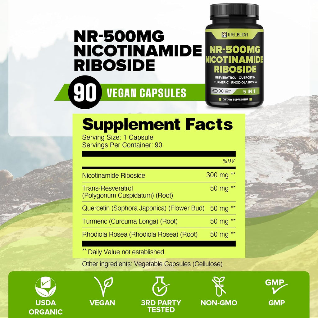 5in1+ Nicotinamide Riboside Supplement with Resveratrol, Quercetin, Turmeric, Rhodiola Rosea - 90 Count for 90 Days