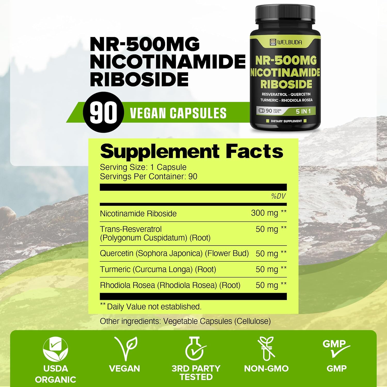 5in1+ Nicotinamide Riboside Supplement with Resveratrol, Quercetin, Turmeric, Rhodiola Rosea - 90 Count for 90 Days