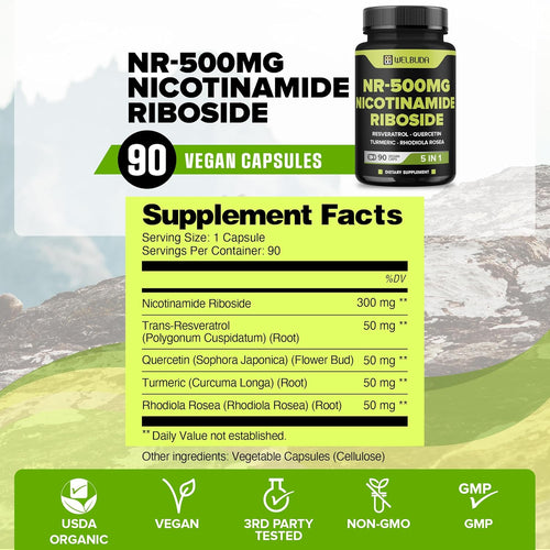 5in1+ Nicotinamide Riboside Supplement with Resveratrol, Quercetin, Turmeric, Rhodiola Rosea - 90 Count for 90 Days