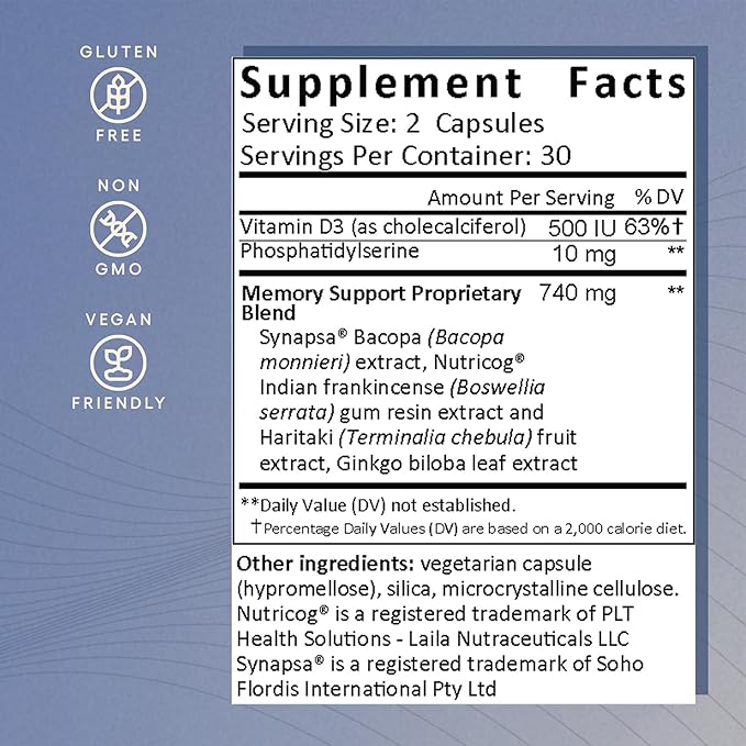 EcoNugenics Memory Boost Supplement – Clinically Studied Ingredients to Support Brain Focus & Health – Nootropic Formula with Bacopa Monnieri, Boswellia Serrata & Ginkgo Biloba Extract – 60 Capsules