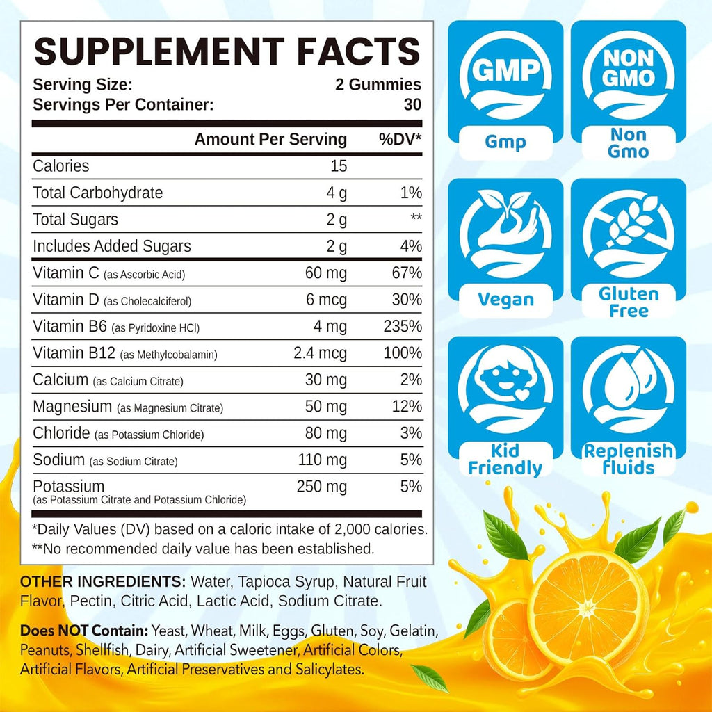 Electrolyte Gummies for Hydration, Electrolyte Chewables for Kids & Adults, with Potassium, Magnesium, Calcium, Sodium, Chloride for Runners and Endurance Sports, Orange Flavor, Vegan, 60 Chews