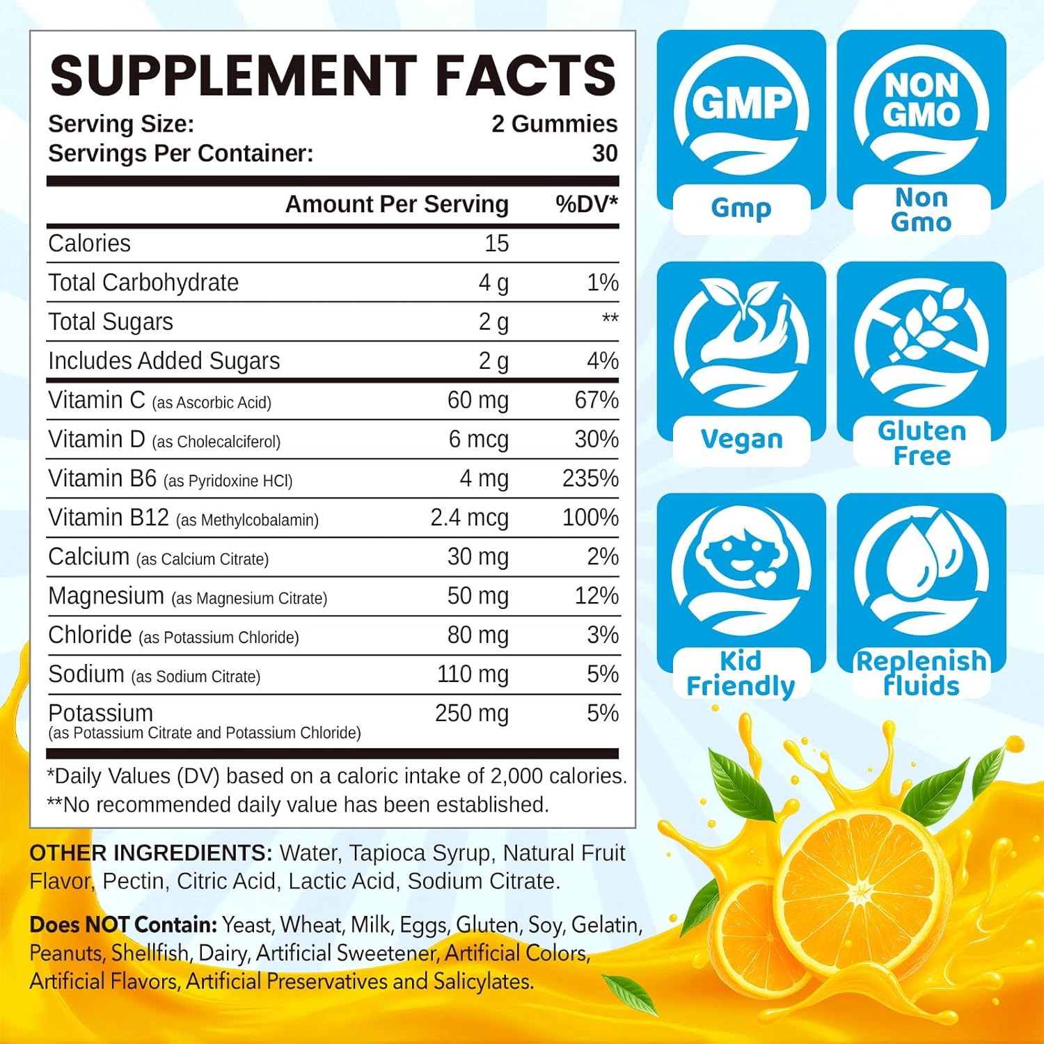 Electrolyte Gummies for Hydration, Electrolyte Chewables for Kids & Adults, with Potassium, Magnesium, Calcium, Sodium, Chloride for Runners and Endurance Sports, Orange Flavor, Vegan, 60 Chews
