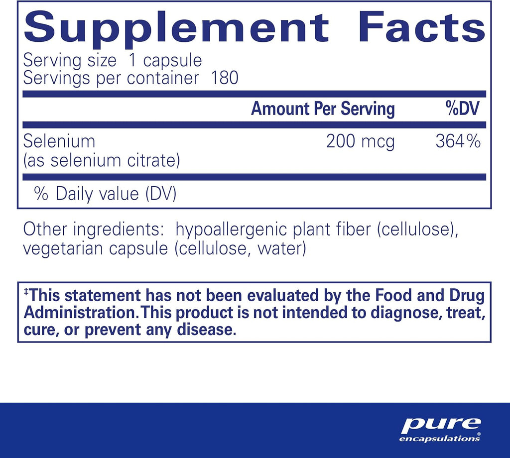 Pure Encapsulations Selenium (Citrate) - for Immune System Support & Cellular Health - Antioxidant Supplement - Supports Blood Flow* - Gluten Free & Vegan - 180 Capsules