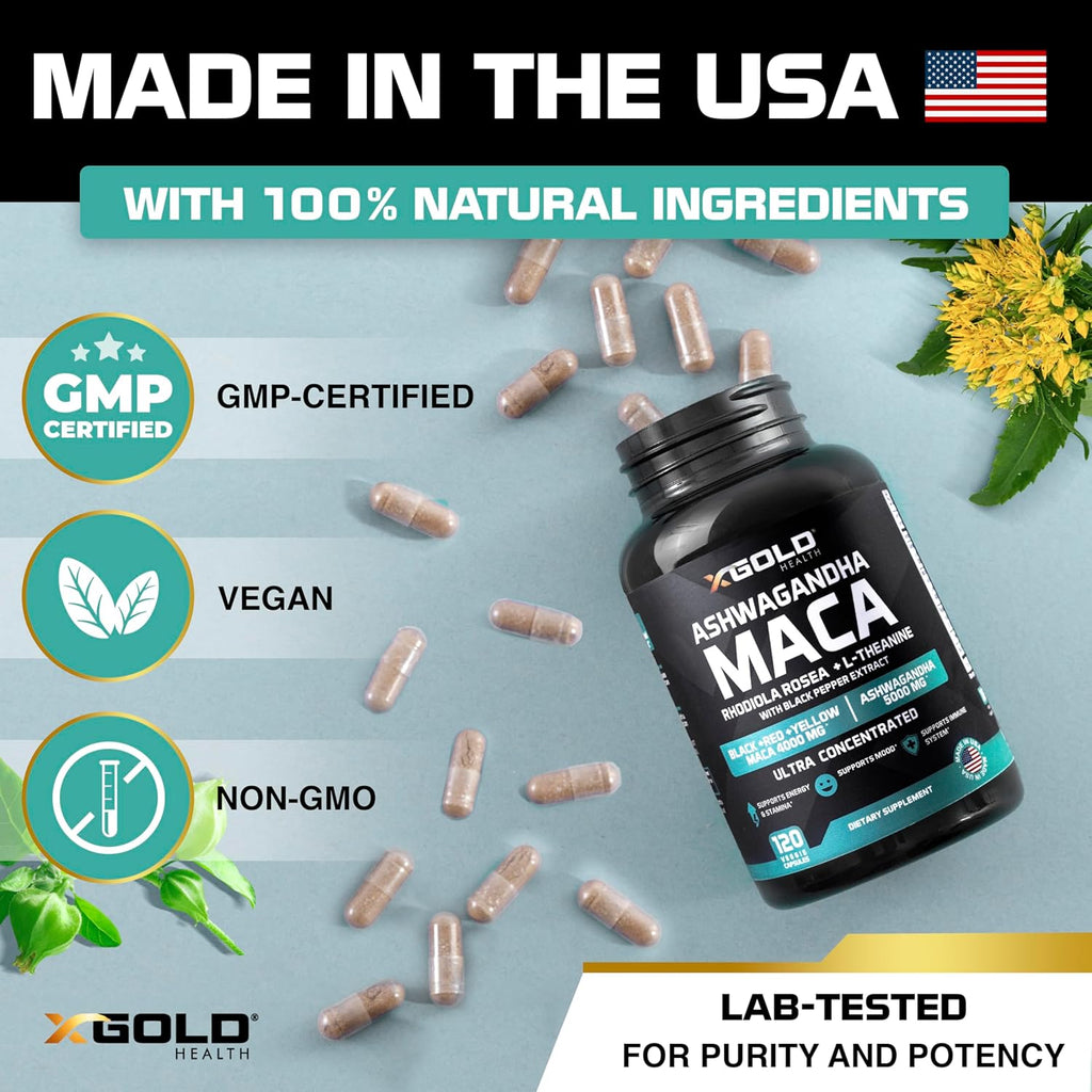 Ashwagandha 5,000mg + Maca Root Black, Red, Yellow 4,000mg, Rhodiola & L-Theanine: 30:1 Extract Ashwagandha Capsules, 20:1 Extract Maca Root Capsules - Supplement for Men and Women