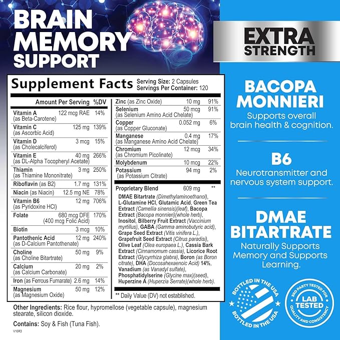 Brain Memory Supplement Pills - 3X Strength Nootropics for Concentration, Clarity & Focus Support - Brain Health Cognitive Vitamins with Bacopa, Phosphatidylserine & DMAE, Brain Booster - 240 Capsules