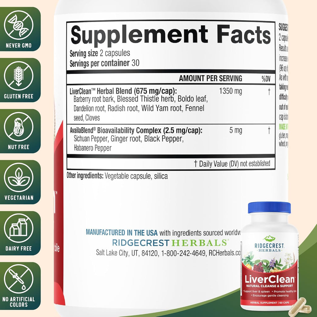Ridgecrest Herbals LiverClean, Herbal Liver Support Supplement, Blessed Thistle, Dandelion, Detox, Cleanse Support, Healthy Bile (60 Caps, 30 Serv)