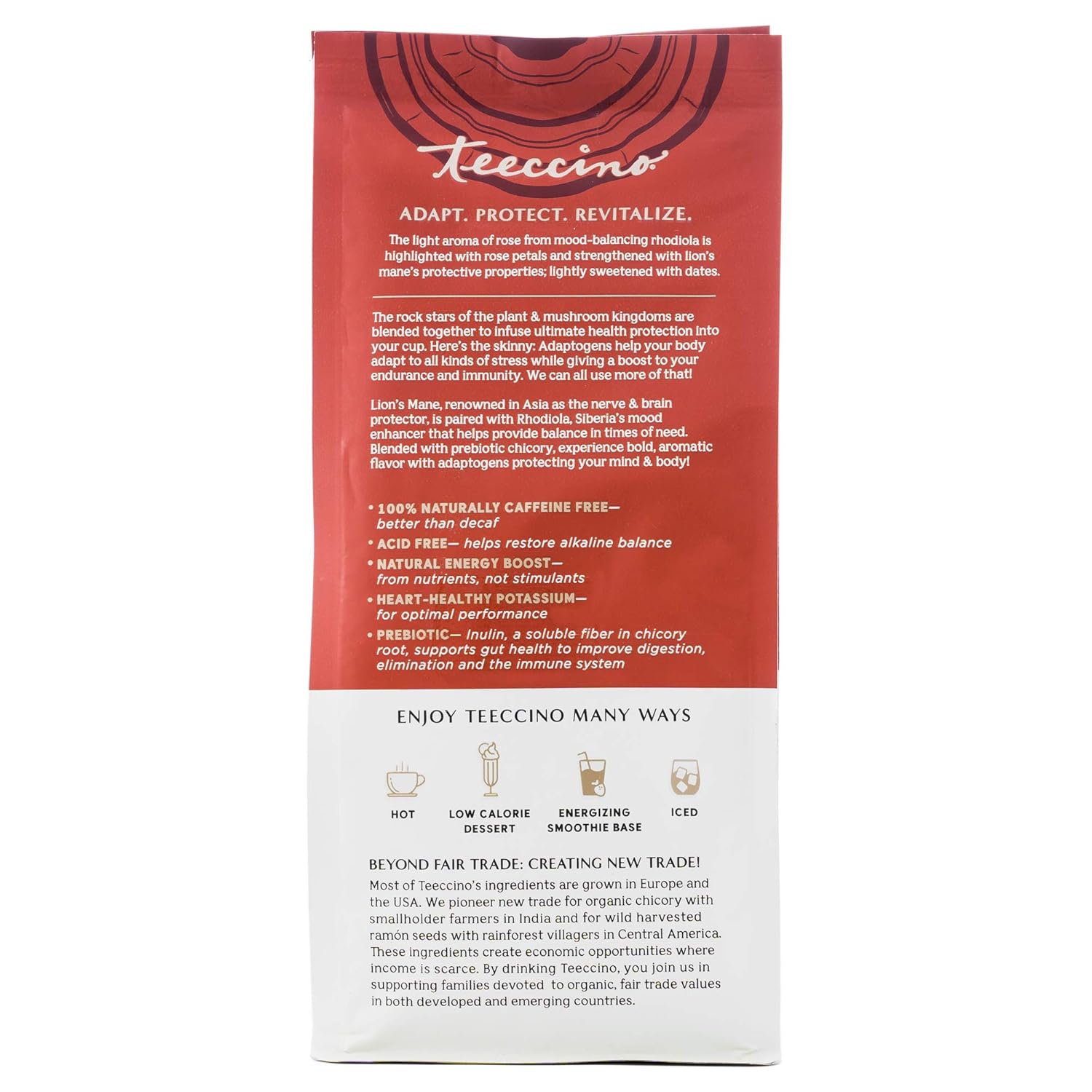 Teeccino Lion’s Mane Rhodiola Coffee Alternative - Rose - Adaptogenic Herbal Mushroom Coffee, Medium Roast, Caffeine Free, Prebiotic, Acid Free, All-Purpose Grind - 10 Oz