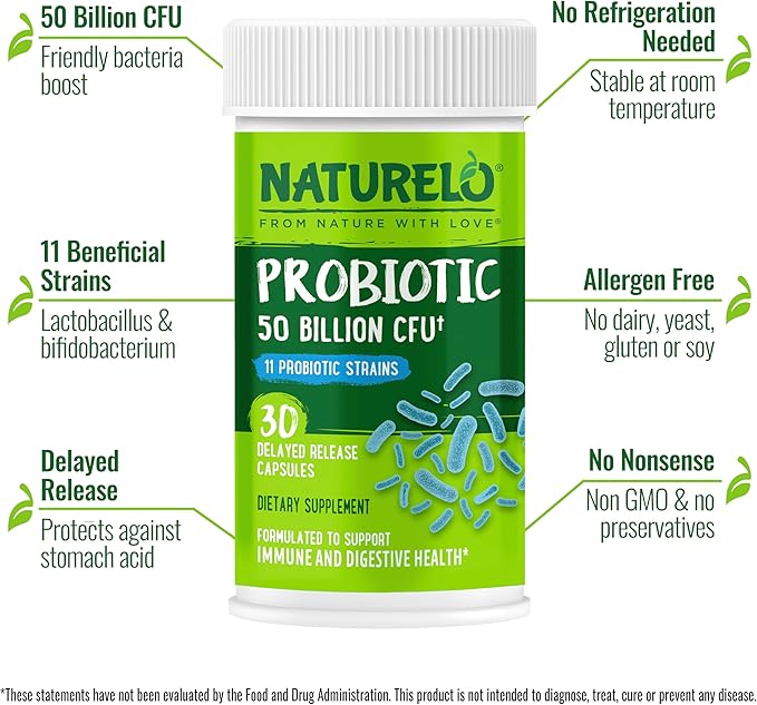 NATURELO Probiotics for Digestive Health, 50 Billion CFU, 30 Vegetarian Capsules, 11 Strains, Daily Use Supplement, Delayed Release, No-Fridge, Helps Boost Immune System, Probiotics for Women & Men