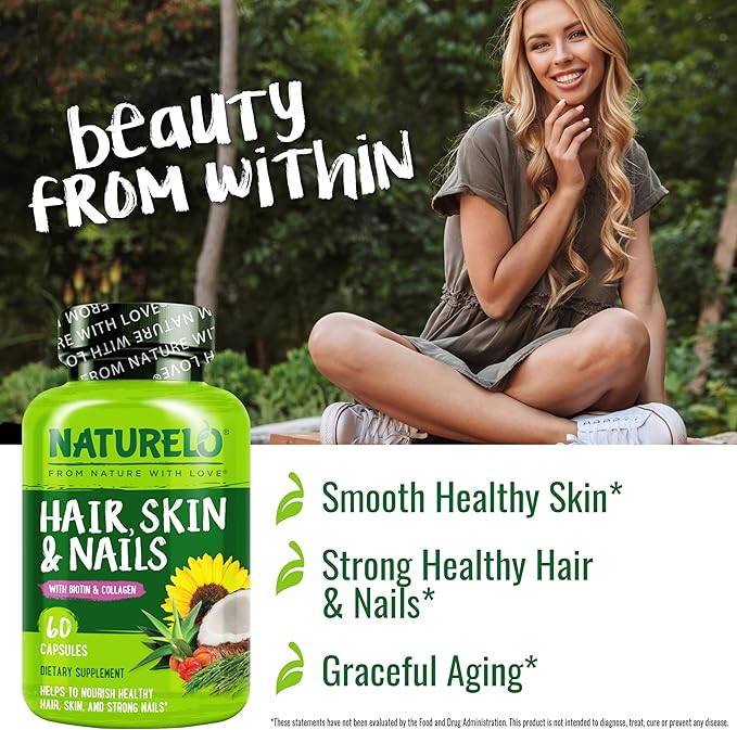 NATURELO Hair, Skin and Nails Vitamins - 5000 mcg Biotin, Collagen, Natural Vitamin E - Supplement for Healthy Skin, Hair Growth for Women and Men – 60 Capsules