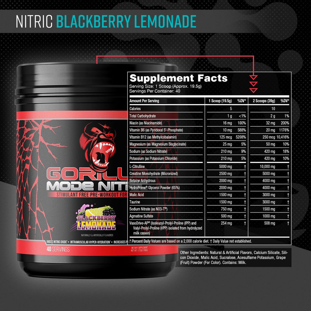 Gorilla Mode Nitric Upgraded Stimulant Free Pre-Workout – Best Tasting & Most Effective Stimulant Free Pre-Workout/Massive Pump · Vasodilation · Power / 780 Grams (BlackBerry Lemonade)