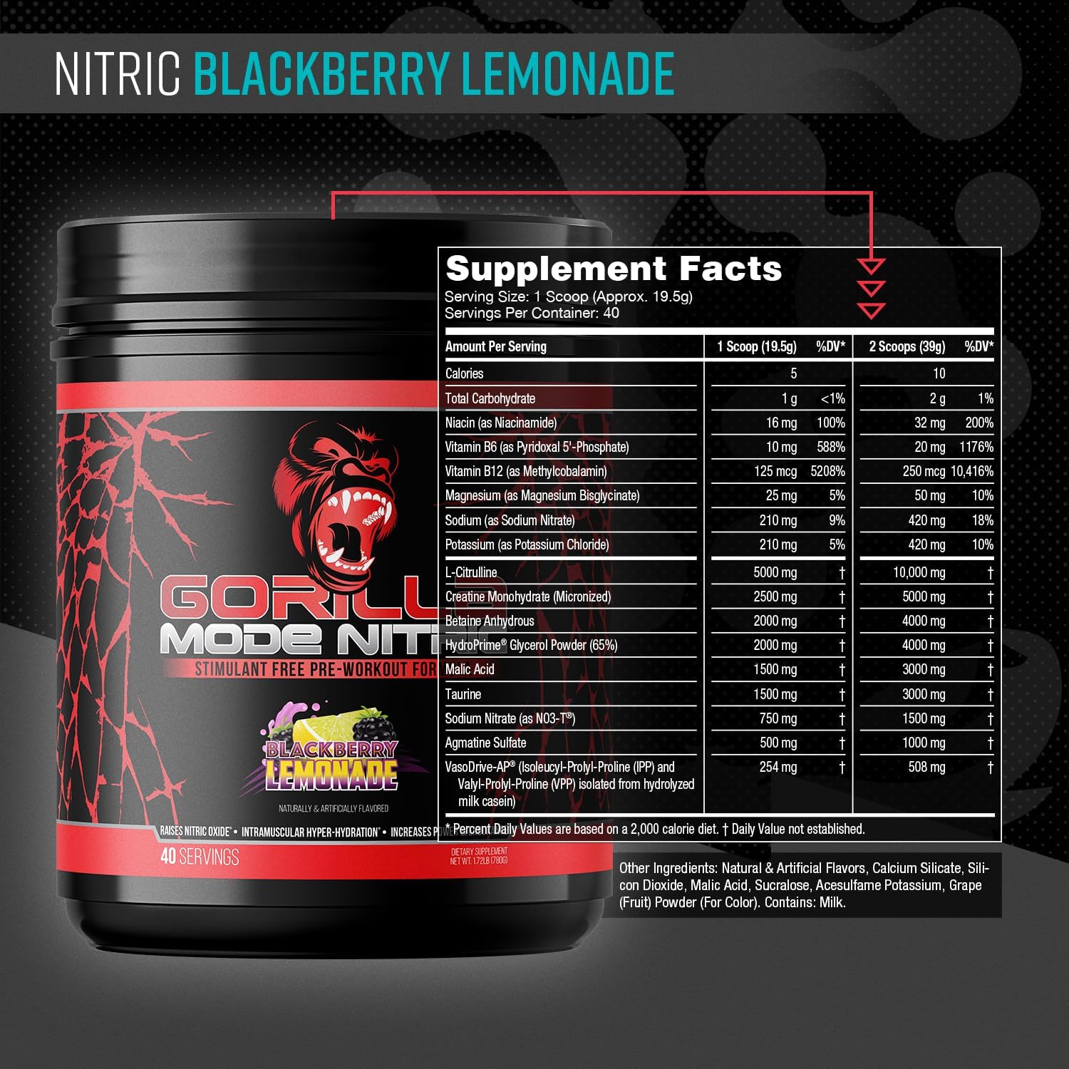 Gorilla Mode Nitric Upgraded Stimulant Free Pre-Workout – Best Tasting & Most Effective Stimulant Free Pre-Workout/Massive Pump · Vasodilation · Power / 780 Grams (BlackBerry Lemonade)