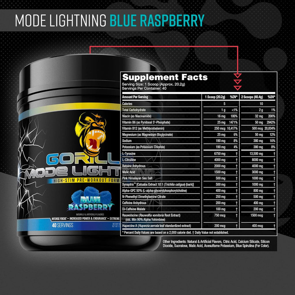 Gorilla Mode Lightning Pre-Workout - Extreme Energy · Laser Focus · Powerful Pumps · Peak Performance - 550mg Caffeine, 13500mg L-Tyrosine, Alpha-GPC– 808g (Blue Raspberry)