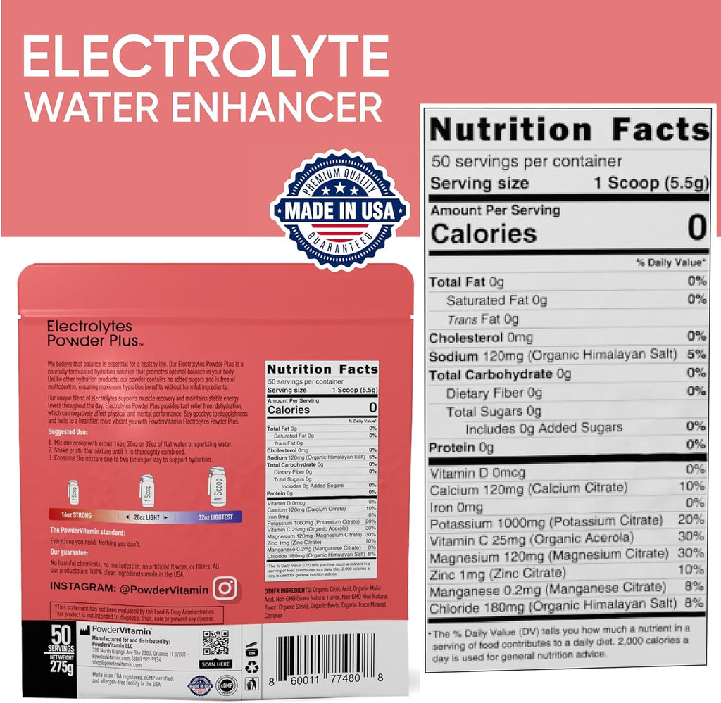 PowderVitamin Electrolytes Powder Plus (50 Servings) Guava Kiwi Electrolyte Powder Zero Calorie Keto, 0 Sugar, No Maltodextrin,1000mg Potassium,120mg Calcium,120mg Magnesium, Hydration Powde