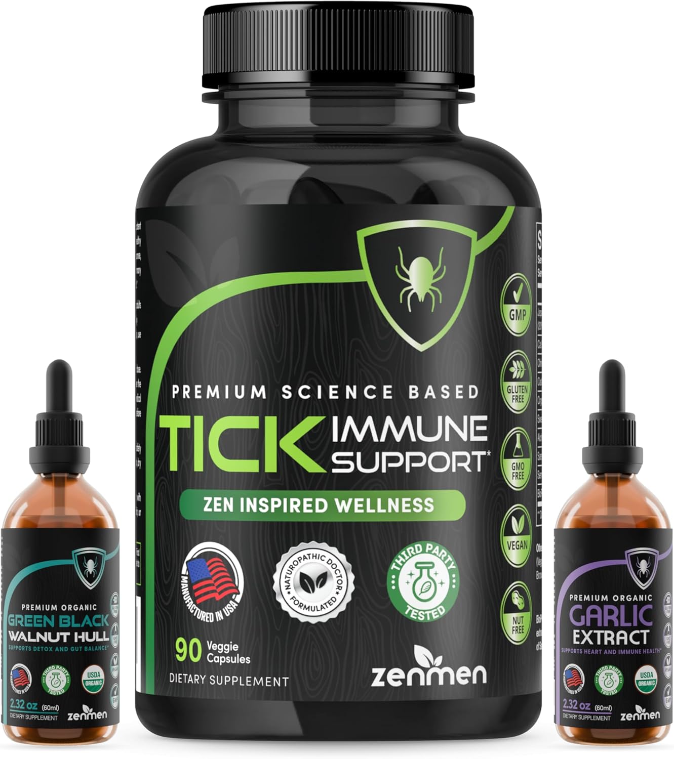 Zenmen Post Tick Bite Support Lite Bundle - Post Contact Protocol - 1 Tick Immune Support + 1 Garlic Tincture + 1 Green Black Walnut Tincture