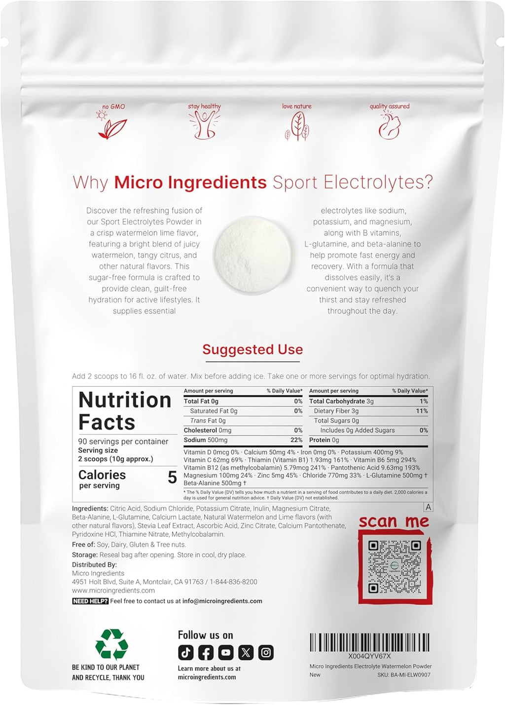 Electrolytes Powder, 2 lbs | 90 Servings | Sugar Free Workout Hydration | Potassium, Sodium, Magnesium, L-Glutamine, Beta-Alanine, & B Complex | Watermelon Lime Flavor | Non-GMO, Gluten Free
