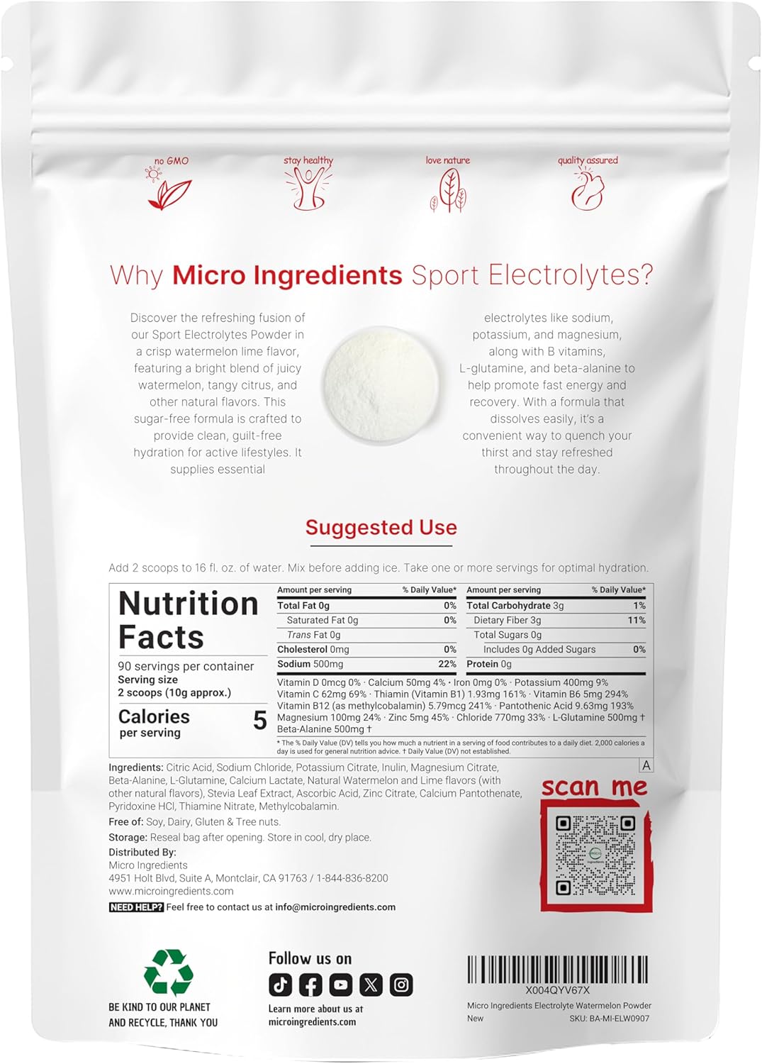 Electrolytes Powder, 2 lbs | 90 Servings | Sugar Free Workout Hydration | Potassium, Sodium, Magnesium, L-Glutamine, Beta-Alanine, & B Complex | Watermelon Lime Flavor | Non-GMO, Gluten Free
