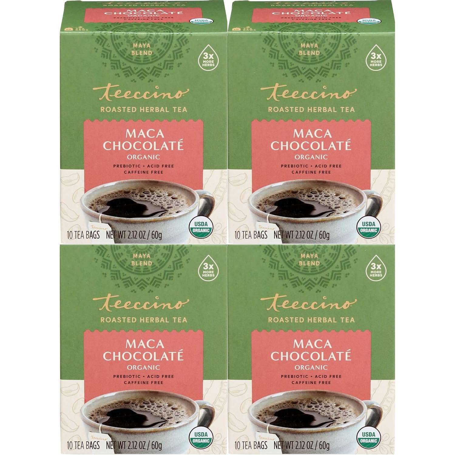Teeccino Herbal Tea – Maca Chocolaté – Adaptogenic Peruvian Maca, Cacao, Chicory, Prebiotic, Caffeine Free, Acid Free, Coffee Alternative (10 Count (Pack of 4))
