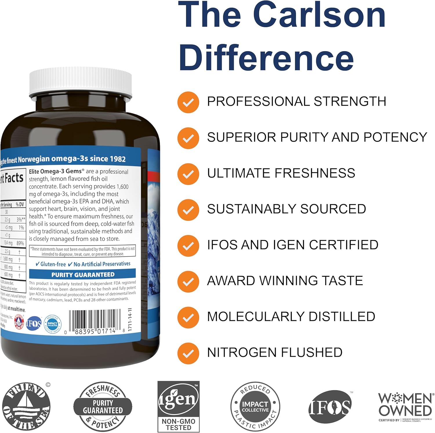 Carlson Labs Elite Omega-3, 1600 mg, Gems Fish Oil Soft Gels, Natural Lemon Flavor, 2 Pack (120 Count Each)