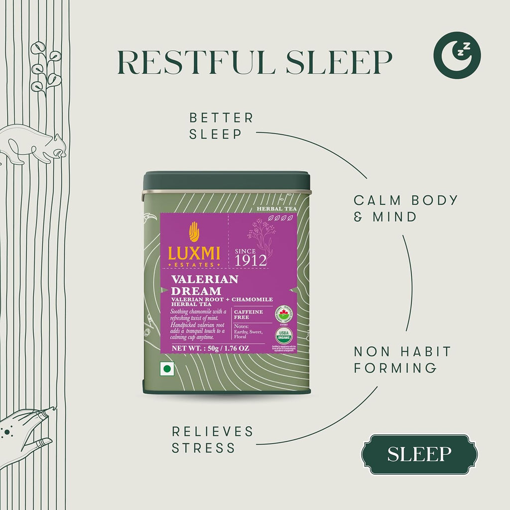 Luxmi Estates - Valerian Dream - Organic Valerian Root Tea for Sleep - Loose Leaf - 50g (25 Cups) | with Valerian Root, Chamomile & Lavender | Perfect Wellness Sleep Tea