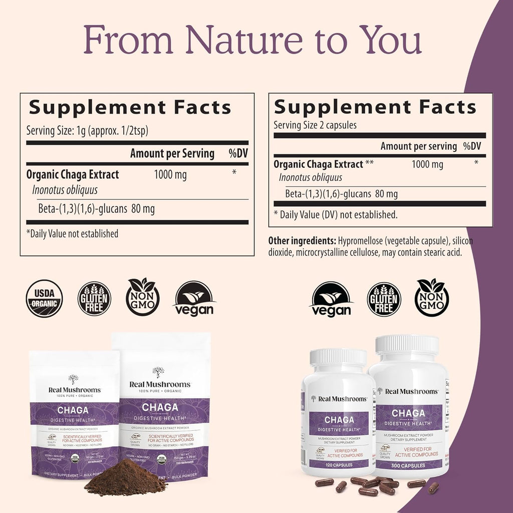 Real Mushrooms Chaga Mushroom Capsules – Organic Chaga Extract Powder with Extract Powder for Wellness & Energy Support– Vegan, Non-GMO, 300 Capsules – Organic Mushroom Supplement