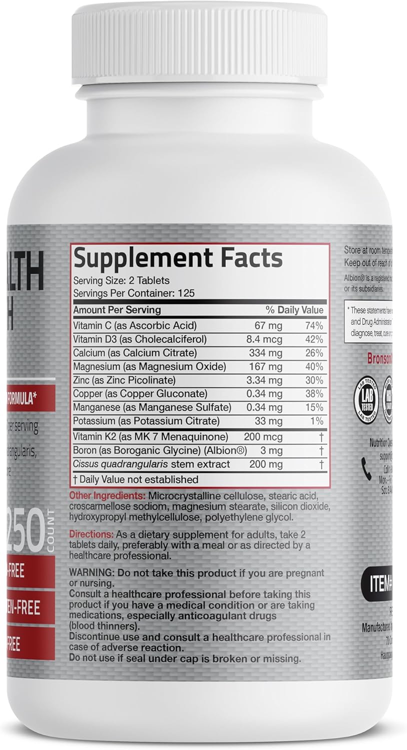 Bronson Bone Health & Strength Complex* High Potency Formula 200 MCG of Vitamin K2 as MK7, Plus Calcium, Boron, Cissus Quadrangularis, Magnesium, Vitamin D3, and More - Non-GMO, 250 Tablets