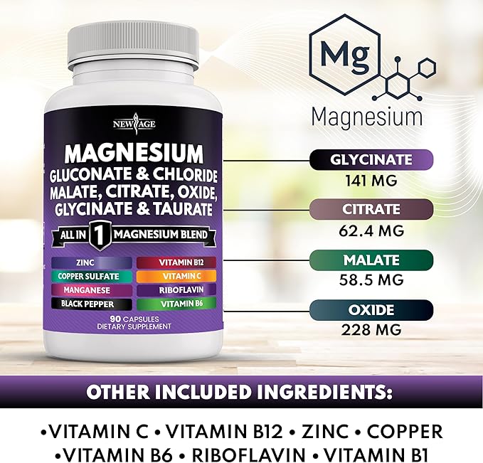 NEW AGE Magnesium Supplement -Powerful Glycinate Citrate Malate Oxide Taurate Aspartate Gluconate Orotate & Mag Chloride Manganese, Joint Support- 180 Count