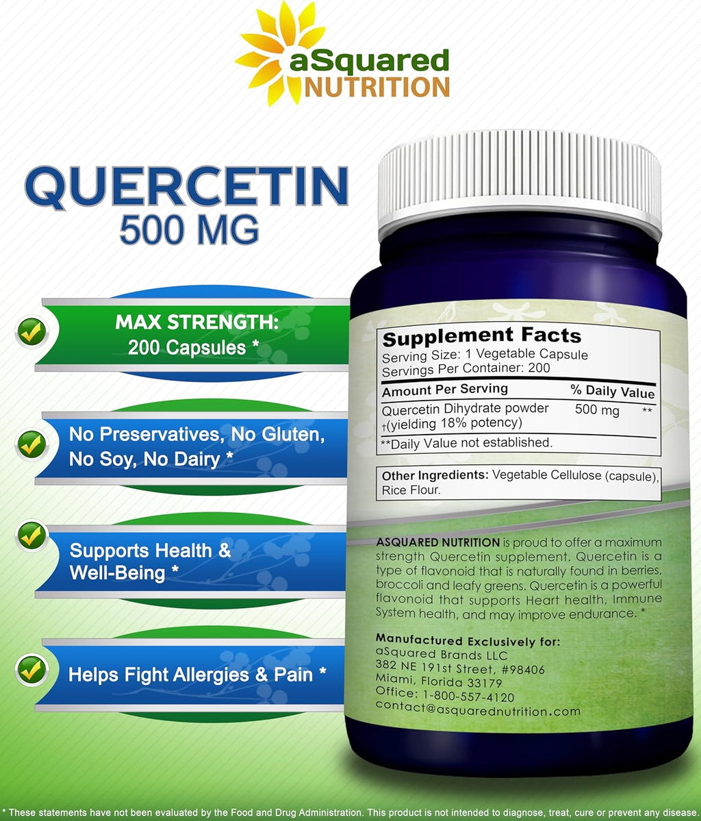 aSquared Nutrition Quercetin 500mg Supplement - 200 Capsules - Quercetin Dihydrate to Support Cardiovascular Health - Max Strength Powder Complex Pills to Help Improve Immune Response