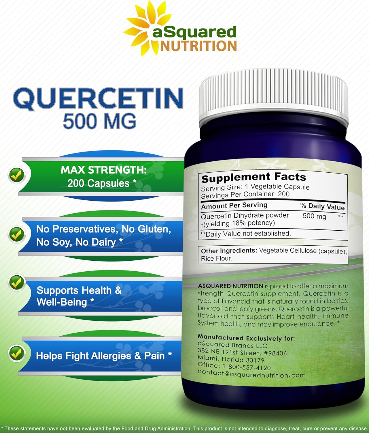 aSquared Nutrition Quercetin 500mg Supplement - 200 Capsules - Quercetin Dihydrate to Support Cardiovascular Health - Max Strength Powder Complex Pills to Help Improve Immune Response