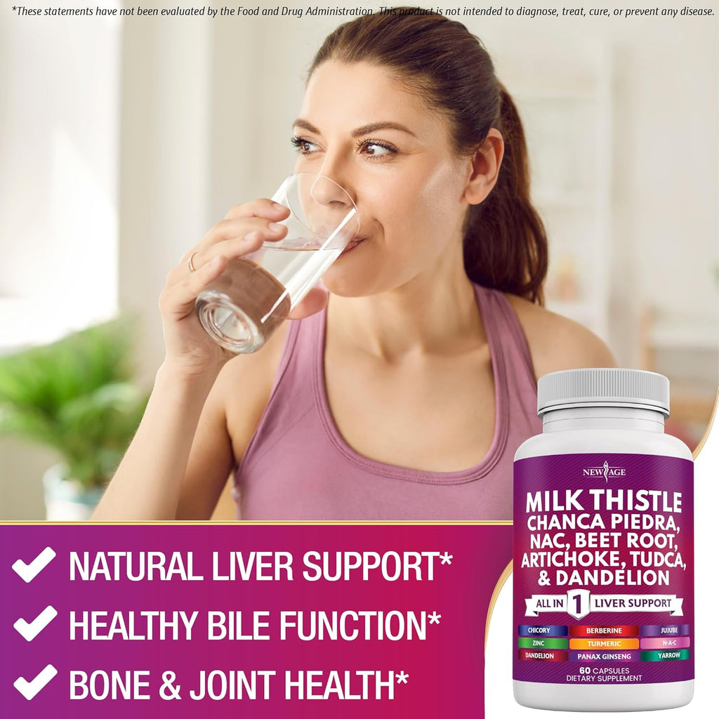 NEW AGE Milk Thistle NAC Chanca Piedra Beet Root Artichoke Dandelion Root Astragalus - Plus TUDCA & Ginger - 180 Count
