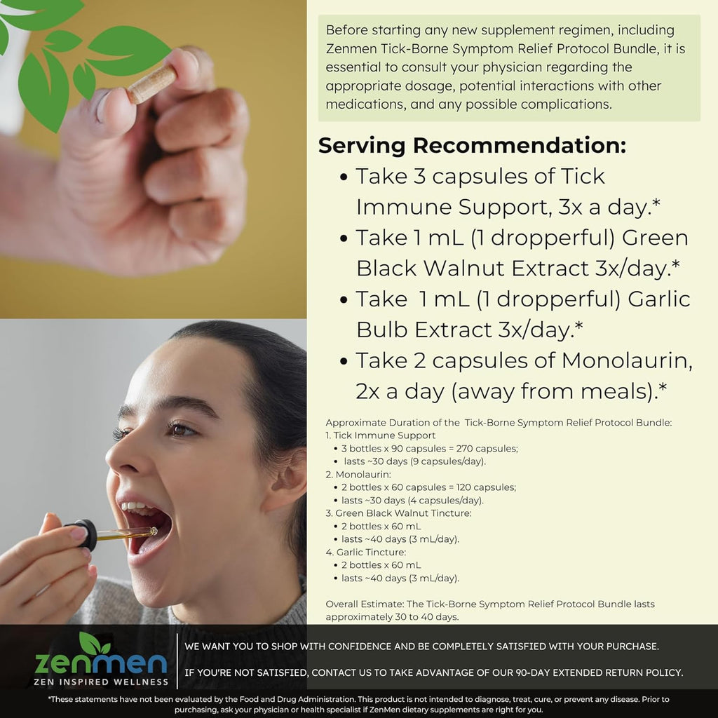 Zenmen Tick-Borne Support Complete Bundle - Longer Term Wellness Support After Exposure - 3 Tick Immune Support + 2 Monolaurin + 3 Green Black Walnut Tincture + 3 Garlic Tincture