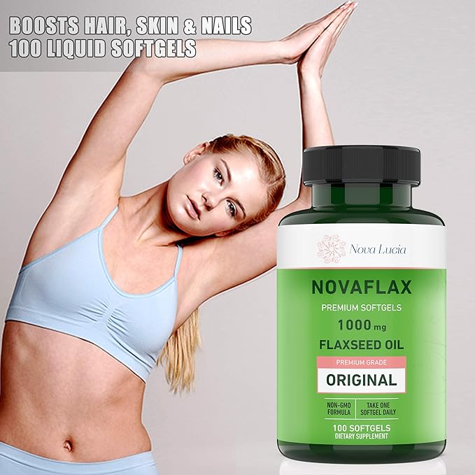 Nova Lucia Organic Flaxseed Oil Capsules 1000mg – Omega 3 6 9 Softgels for Hair, Skin & Nails – Non-GMO, Gluten-Free, Hexane-Free, Easy to Swallow – 100 Liquid Softgels