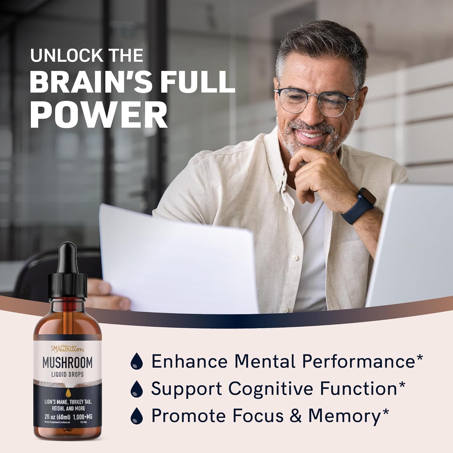 Mushrooms Liquid Drops Complex | Lions Mane Supplement with Turkey Tail Mushroom, Reishi, Shiitake & More | Support Cognitive Function, Memory & Focus | Non-GMO, Soy-Free | 2 Fl Oz, 60 Servings