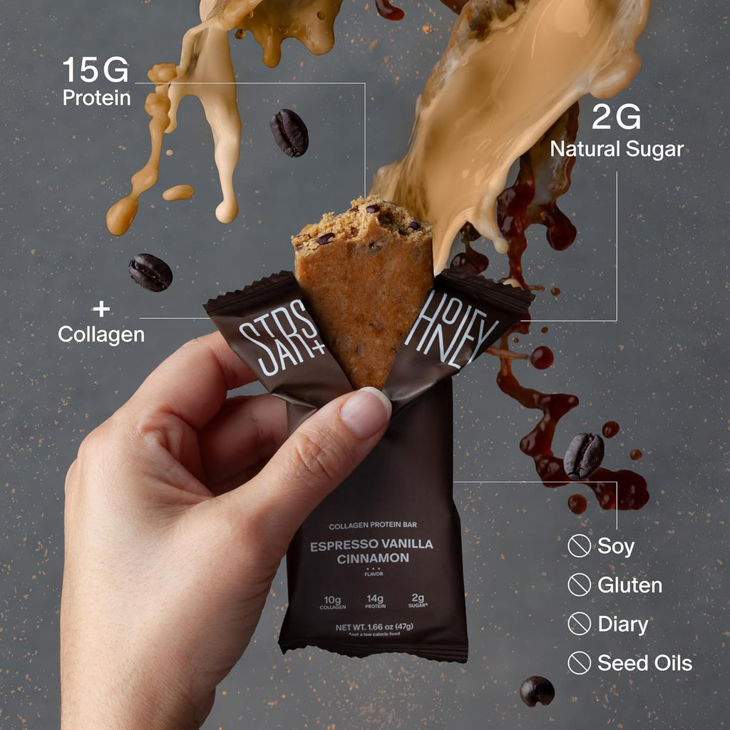 Stars + Honey Protein Bars - Espresso Vanilla Cinnamon,15g Protein, 2g Sugar, w/Collagen Keto Friendly Snack - Gluten, Dairy, Seed Oil, & Soy Free - High-Protein Snacks for Energy & Recovery -10 pack