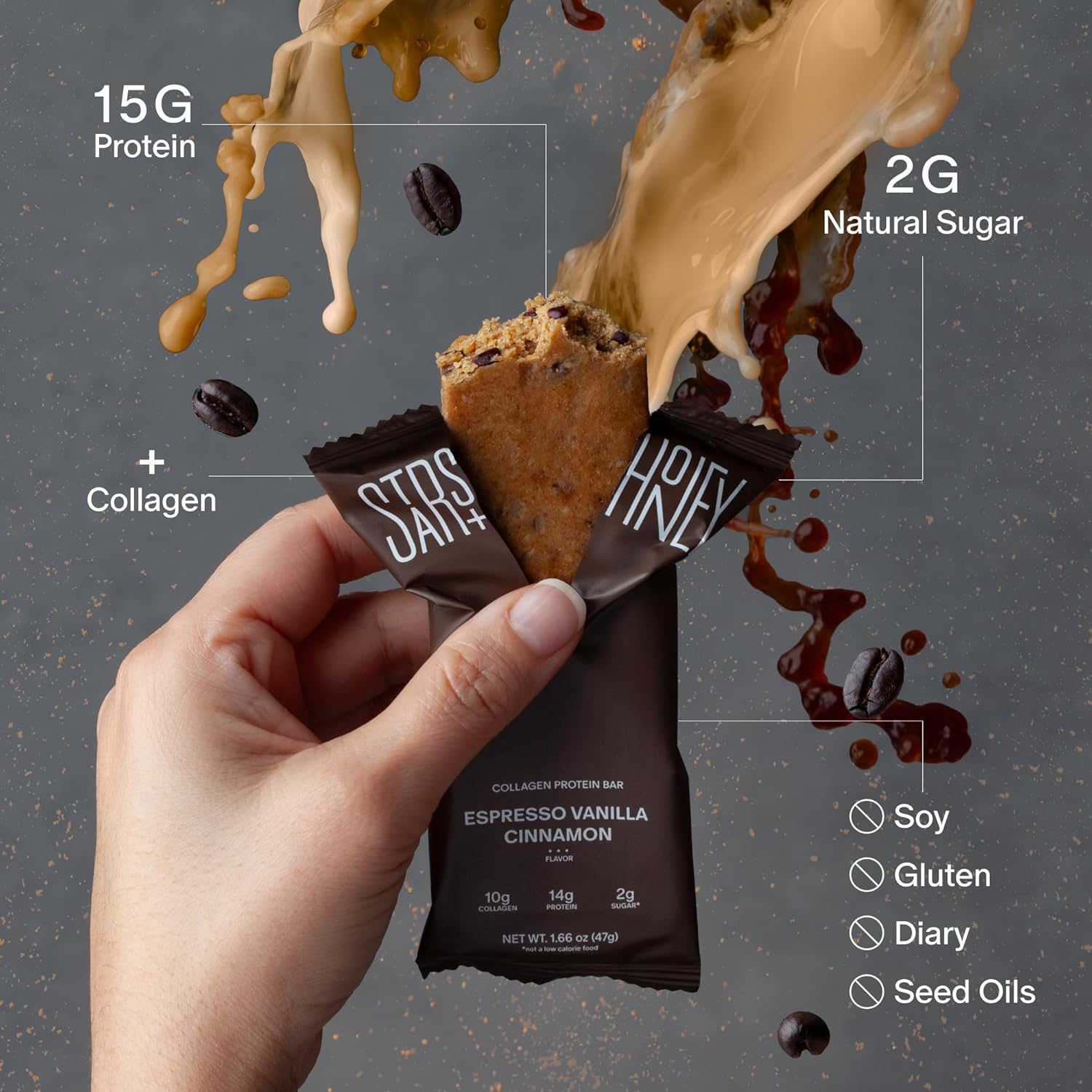 Stars + Honey Protein Bars - Espresso Vanilla Cinnamon,15g Protein, 2g Sugar, w/Collagen Keto Friendly Snack - Gluten, Dairy, Seed Oil, & Soy Free - High-Protein Snacks for Energy & Recovery -10 pack