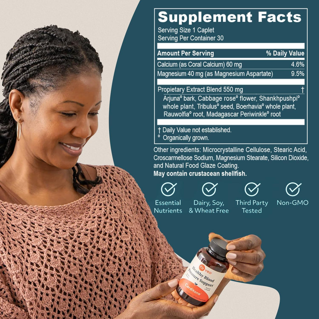 ruved Carditone - Natural Heart Health Supplement for Women & Men, BP Formula, Holistic Heart Support with Rauwolfia, Arjuna, Calcium, and Magnesium - 30 Vegetarian Caplets (Pack of 1)