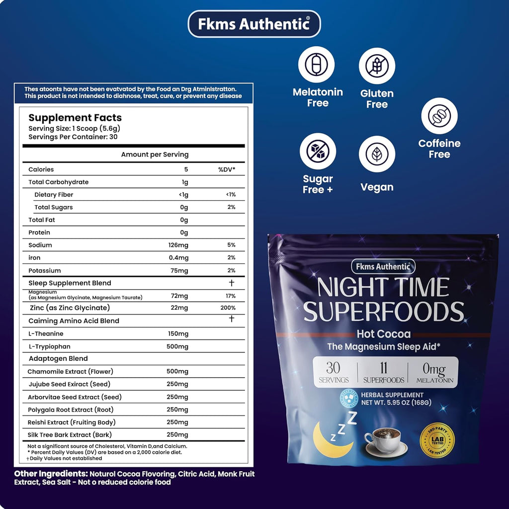 FKMS Authentic Nighttime Magnesium Hot Cocoa, Calming Melatonin-Free Sleep Support, Natural Sleep Aid Drink Mix for men & Woman - Hot Chocolate Powder with L-Theanine, Chamomile and Zinc, Magnesium Glycinate, 5.95 oz