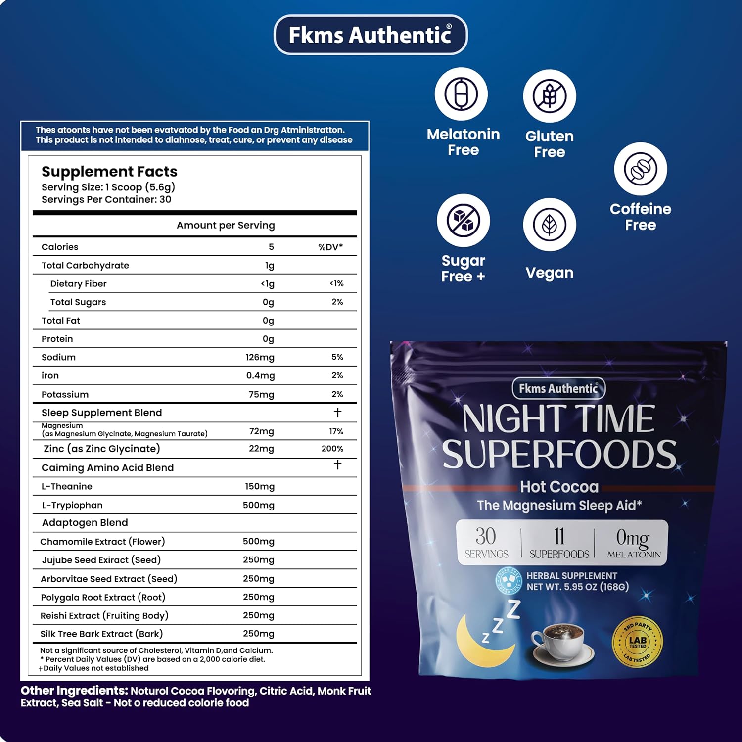 FKMS Authentic Nighttime Magnesium Hot Cocoa, Calming Melatonin-Free Sleep Support, Natural Sleep Aid Drink Mix for men & Woman - Hot Chocolate Powder with L-Theanine, Chamomile and Zinc, Magnesium Glycinate, 5.95 oz
