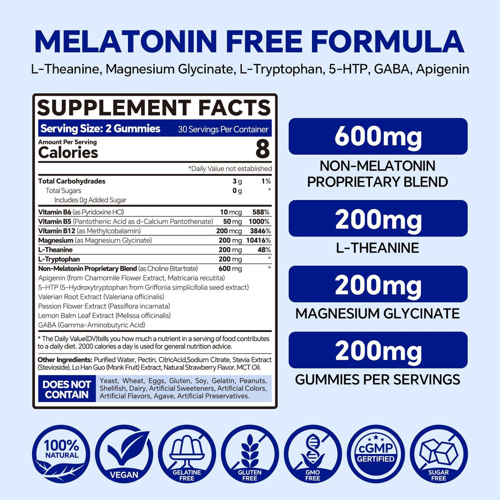 Melatonin Free 5-HTP GABA Supplement Gummies for Adults & Kids 12+ with L-Theanine, Magnesium Glycinate, L-Tryptophan, Apigenin - Sugar Free, Strawberry Flavor, Vegan, 120 Count