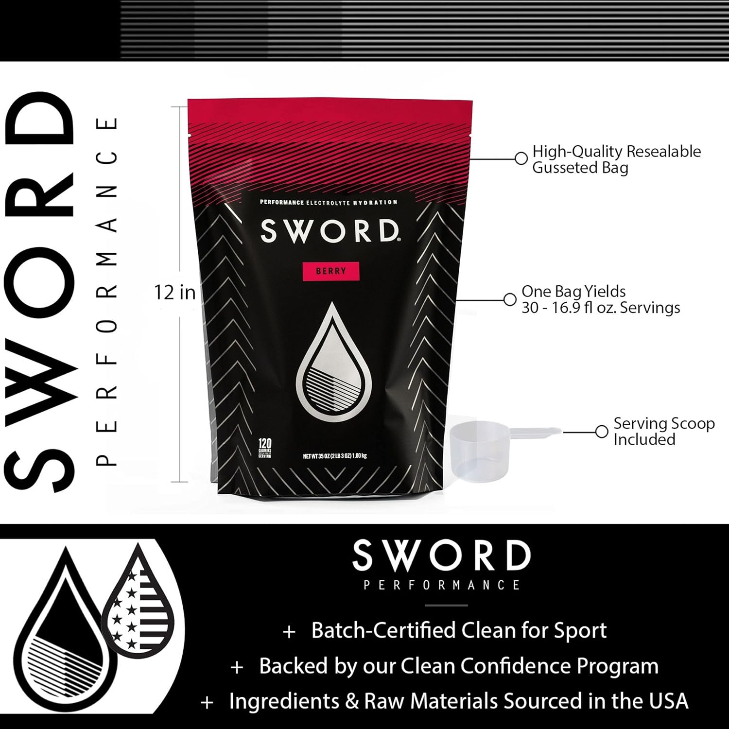 SWORD PERFORMANCE Electrolyte Replenisher Powder Drink Mix, Berry, 30-Serving Resealable Bag w/Scoop