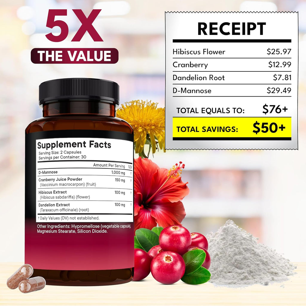 D-Mannose with Cranberry & Hibiscus - High Strength for Urinary Tract Health - Supplement for Women - Bladder, Liver & Microflora Support - Made in USA - Vegan, 60 Capsules