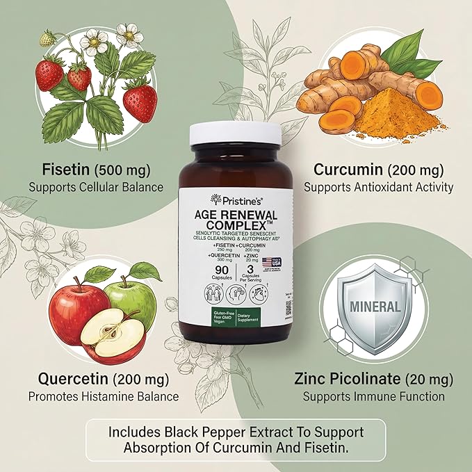 PRISTINE'S Senolytic Anti Aging & Autophagy Aid Age Renewal Complex - Senescent Cell Removal Support - Fisetin, Quercetin, Curcumin, Zinc - Gluten Free, Non-GMO, Vegan, USA Made